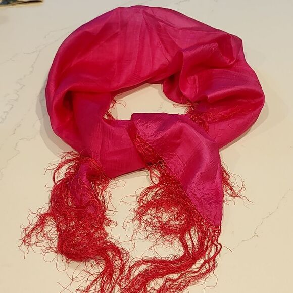 Raw Silk Square Fringed Deep Pink Scarf - Picture 5 of 6